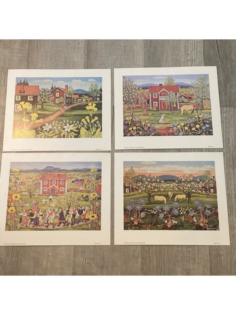 Whimsical Swedish Folk Art 4 Prints Stina Sunesson Primitive Landscape Village